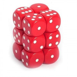 SET DE 12 DADOS D6 16MM OPACOS ROJO C/BLANCO