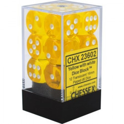 SET DE 12 DADOS TRASLUCIDOS AMARILLO C/BLANCO