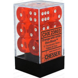 SET DE 12 DADOS TRASLUCIDOS NARANJA C/BLANCO