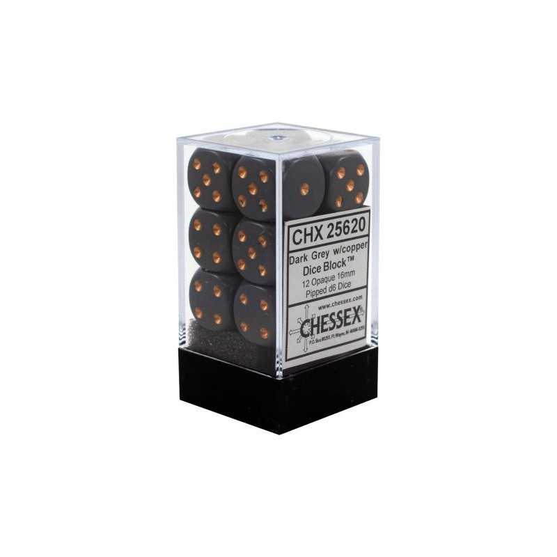 SET DE 12 DADOS D6 16MM OPACOS GRIS C/COBRE