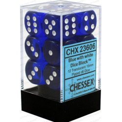 SET DE 12 DADOS TRASLUCIDOS AZUL C/BLANCO