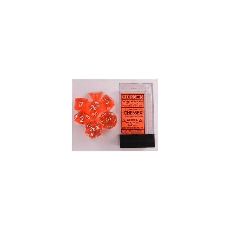SET DE 7 DADOS TRASLUCIDOS NARANJA C/BLANCO