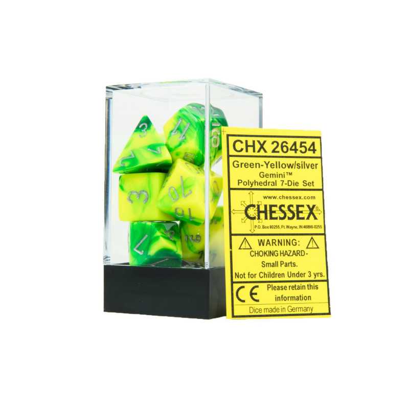 SET DE 7 DADOS GEMINI VERDE-AMARILLO C/PLATA