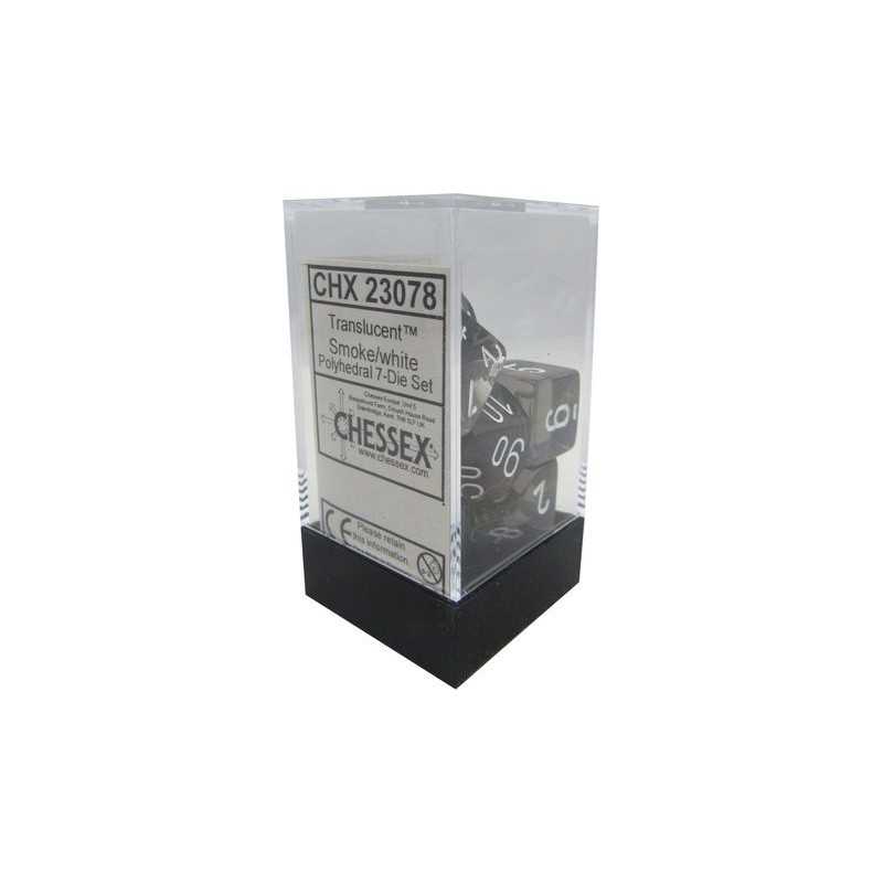 SET DE 7 DADOS TRASLUCIDOS HUMO C/BLANCO