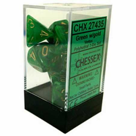 SET DE 7 DADOS VORTEX VERDE C/DORADO