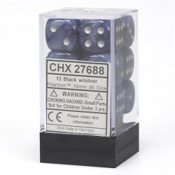 SET DE 12 DADOS D6 16MM PHANTOM NEGRO AZULADO C/PLATA