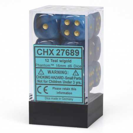 SET DE 12 DADOS D6 16MM PHANTOM TEAL C/DORADO