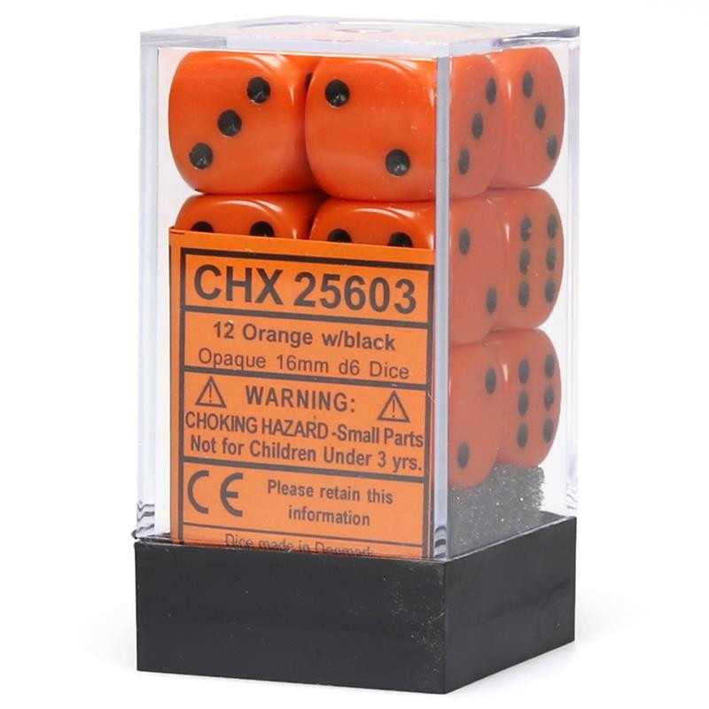 SET DE 12 DADOS D6 16MM OPACOS NARANJA C/NEGRO