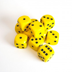SET DE 12 DADOS D6 16MM OPACOS AMARILLO C/NEGRO