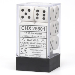 SET DE 12 DADOS D6 16MM OPACOS BLANCO C/NEGRO