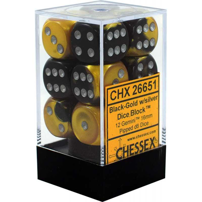 SET DE 12 DADOS D6 16MM GEMINI NEGRO-DORADO C/PLATA