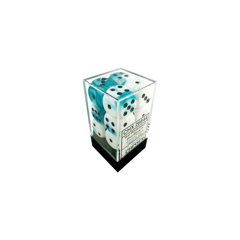 SET DE 12 DADOS D6 16MM GEMINI TURQUESA-BLANCO C/NEGRO