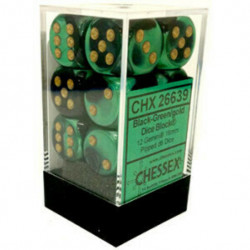 SET DE 12 DADOS D6 16MM GEMINI NEGRO-VERDE C/DORADO