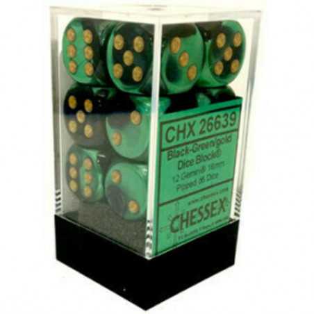 SET DE 12 DADOS D6 16MM GEMINI NEGRO-VERDE C/DORADO