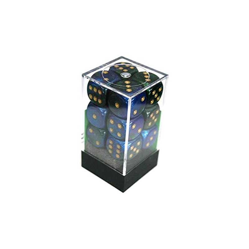SET DE 12 DADOS D6 16MM GEMINI AZUL-VERDE C/DORADO