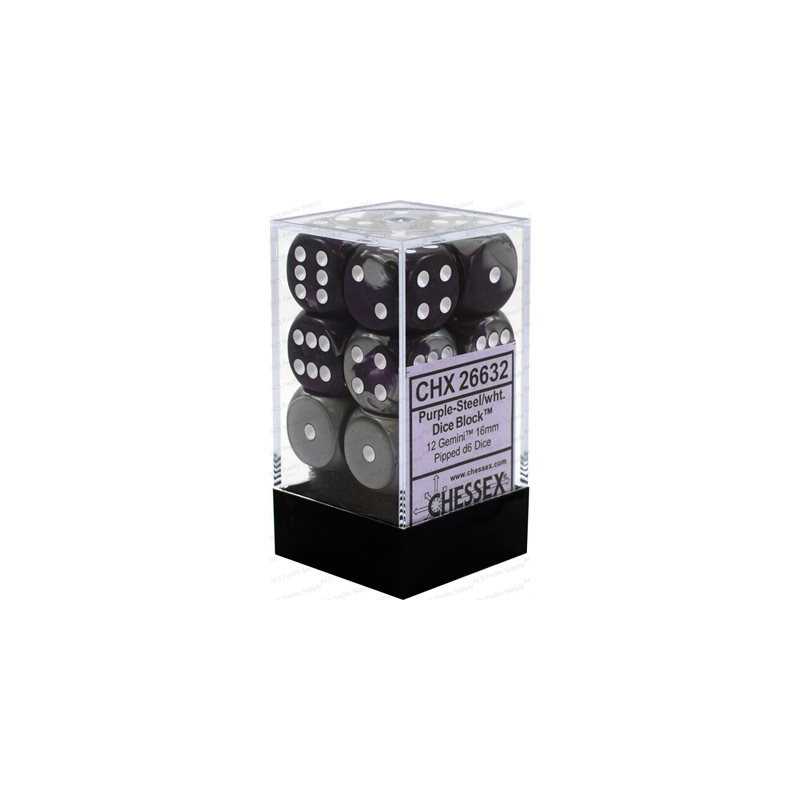 SET DE 12 DADOS D6 16MM GEMINI MORADO-ACERO C/BLANCO