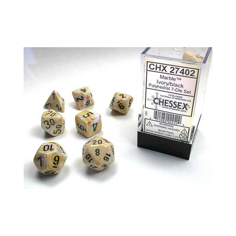 SET DE 7 DADOS MARMOLEADO MARFIL C/NEGRO