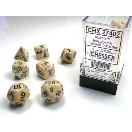 SET DE 7 DADOS MARMOLEADO MARFIL C/NEGRO
