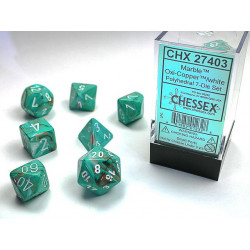 SET DE 7 DADOS MARMOLEADO COBRE OXIDO C/BLANCO
