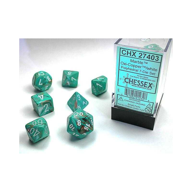 SET DE 7 DADOS MARMOLEADO COBRE OXIDO C/BLANCO