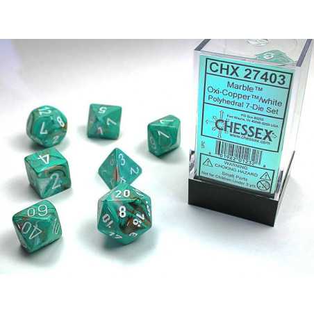 SET DE 7 DADOS MARMOLEADO COBRE OXIDO C/BLANCO