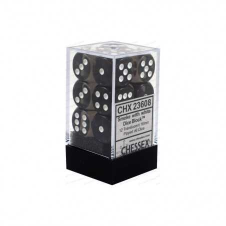 SET DE 12 DADOS TRASLUCIDOS HUMO C/BLANCO