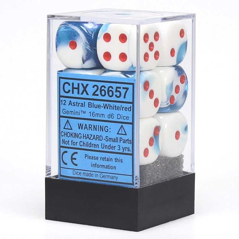 SET DE 12 DADOS D6 16MM GEMINI ASTRAL AZUL-BLANCO C/ROJO