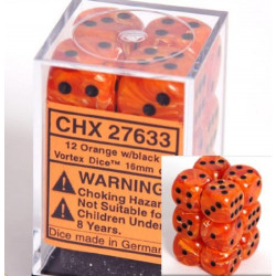 SET DE 12 DADOS d6 16MM VORTEX NARANJA C/DORADO